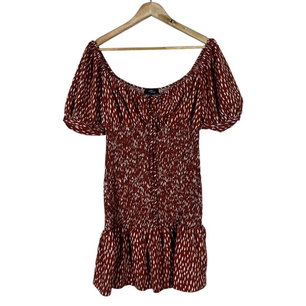 Milk & Honey Smocked Ikat Print Puff Sleeve Mini Dress Rust Orange Boho Size L